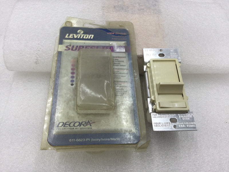 Leviton 611-6623-PI Single Gang Decora 600 Watt 120 VAC 3 Way SureSlide Dimmer in Ivory