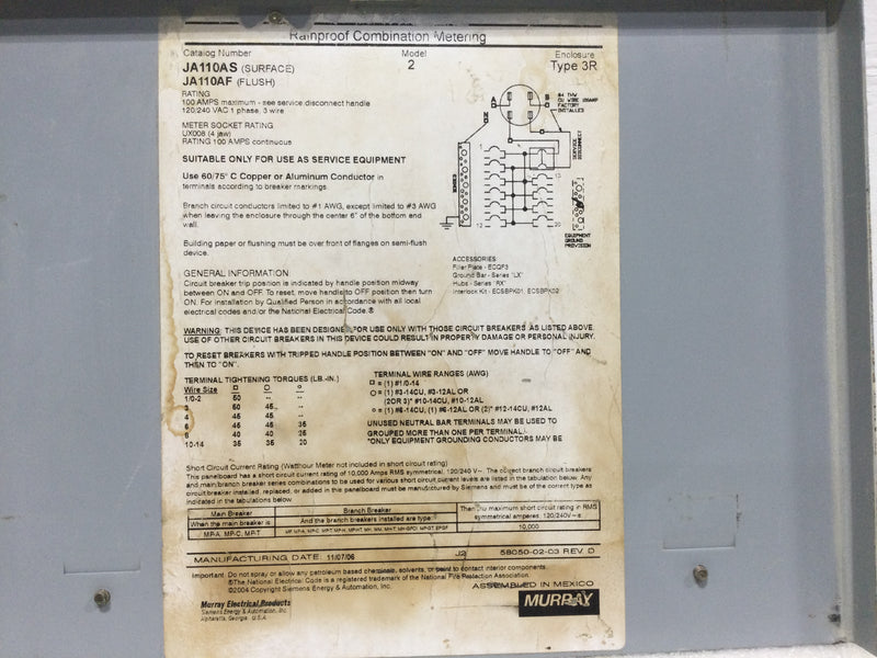 Murray JA110AS Cover Only 100 Amp 120/240V Nema 3R 9 1/4" x 12 3/8"