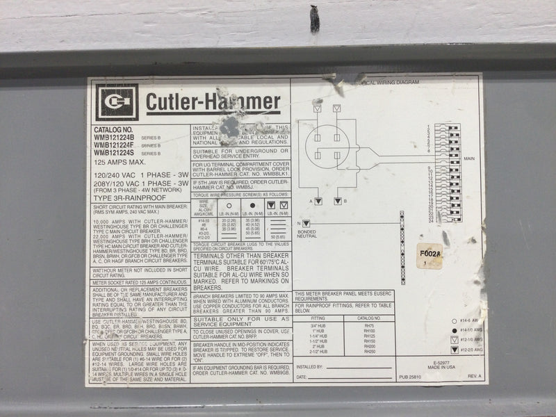 Cutler Hammer WMB121224S/F Nema 3R Cover Only 125 Amp 120/240V 20 3/4" x 7"