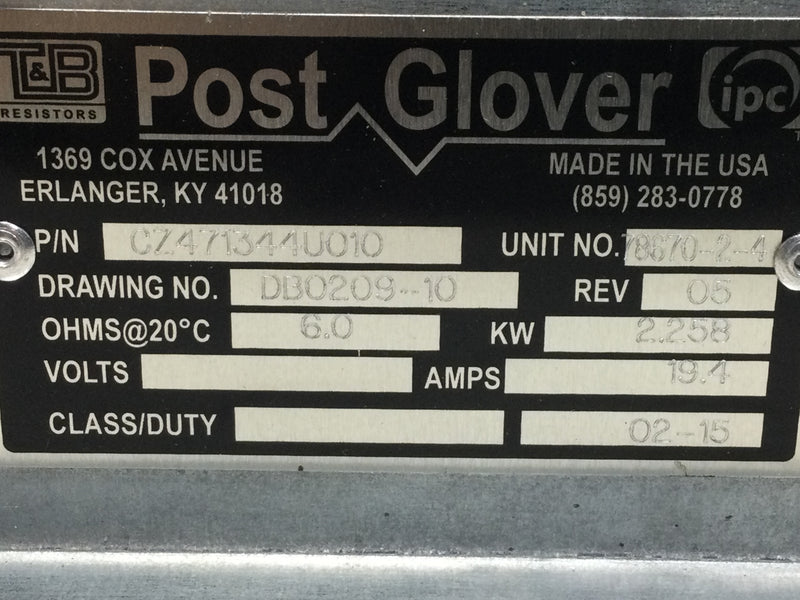 T&B Resistors Post Glover CZ471344U010, unit 78670-2-4, drawing DB0209-10 rev 5, 60 Ohms @ 20C, 2258 kw, 19.4A