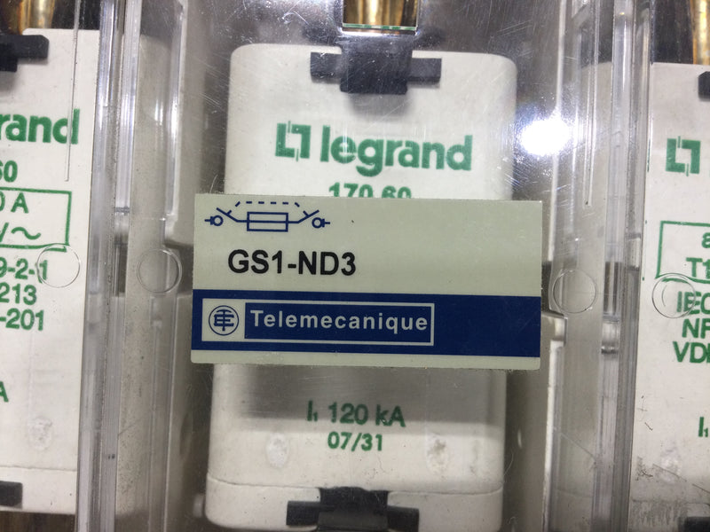 Legrand GS1-SD3 TeSys GS series switch-disconnector fuse body, 17060 200 amp fuses, GS1-ND3 switch-disconnector fuse