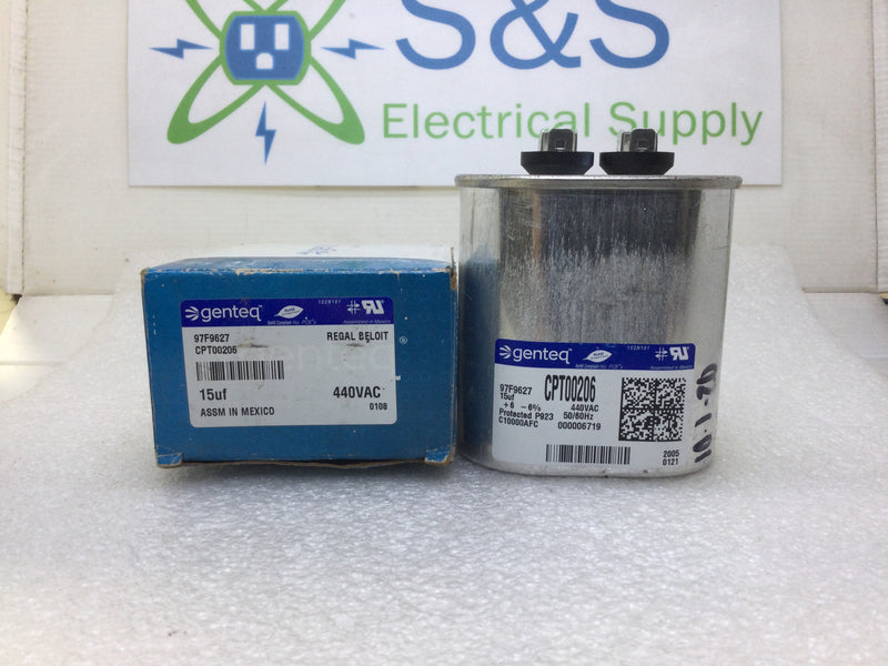 GE/Genteq 97F9627 CPT00206 15uF -/+6% 440VAC 50/60Hz Capacitor