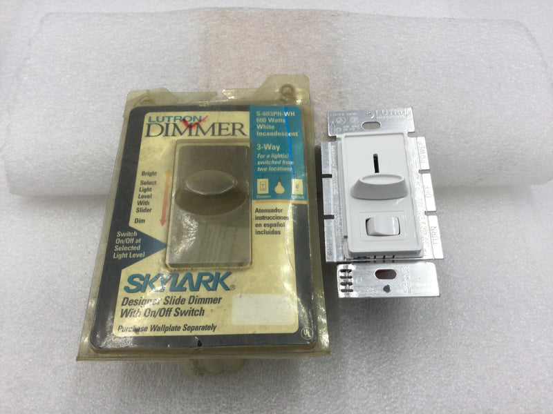 Lutron S-603PH-WH White 3-Way Skylark Slide Dimmer with On/Off Switch 600 Watt 120 VAC