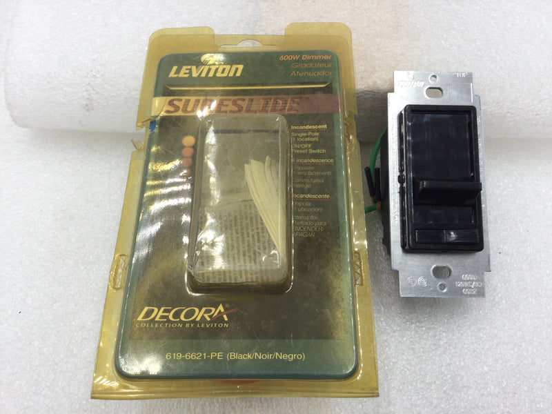 Leviton 6621-PA Decora Single Gang SureSlide Dimmer in Black 600 Watt 120 VAC