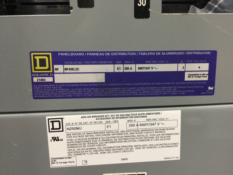 Square D NQ Type Main Breaker 250 AMP 30 Circuit NQ Panelboard 3 PH 4 Wire with Cover NC50F, Box MH50