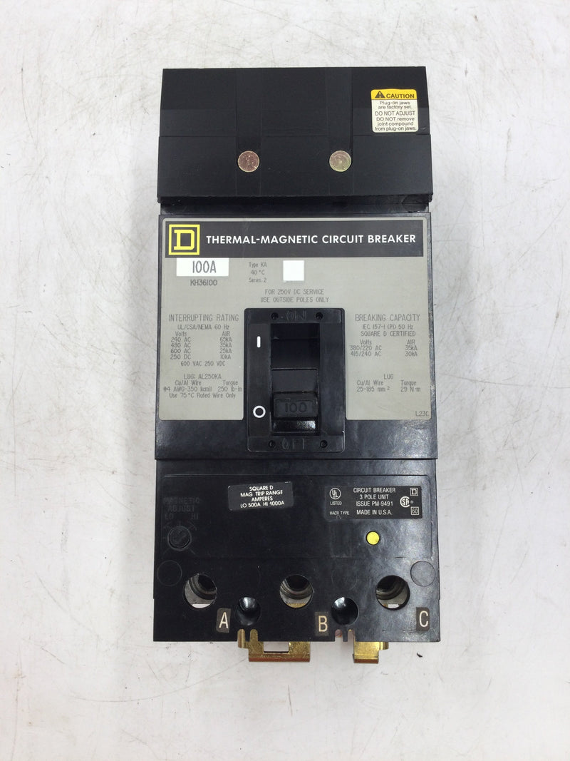 Square D KH36100 3 Pole 100 Amp 600v Circuit Breaker