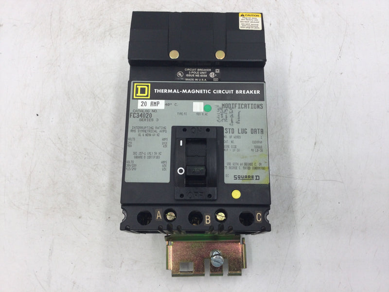 Square D FC34020 20 Amp 480V 3 Pole Thermal Magnetic Circuit Breaker