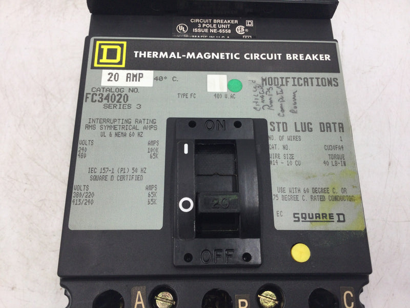 Square D FC34020 20 Amp 480V 3 Pole Thermal Magnetic Circuit Breaker