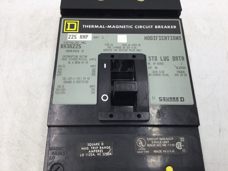 Square D KH36225 3 Pole 600v 225 Amp Thermal Magnetic Circuit Breaker