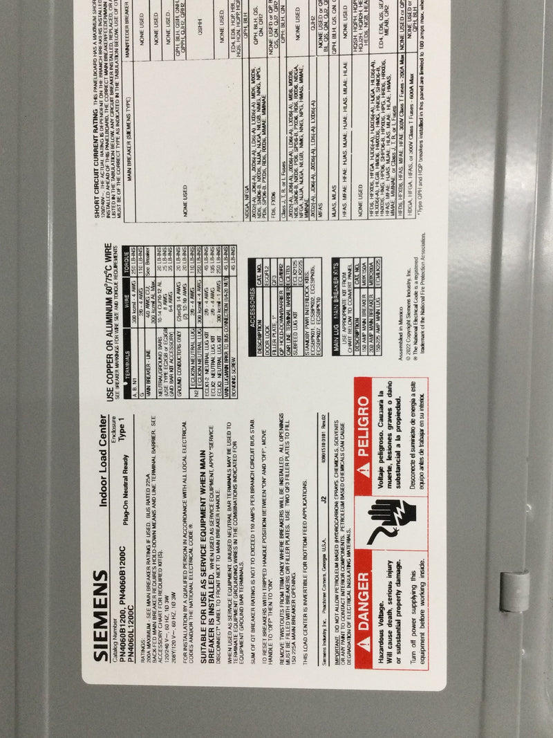 Siemens PN4060B1200, PN4060B1200C, PN4060L1200C 200A 120/240V 1 Phase 3 Wire Type 1 Indoor Load Center Cover 37 1/8" x 15 1/2"