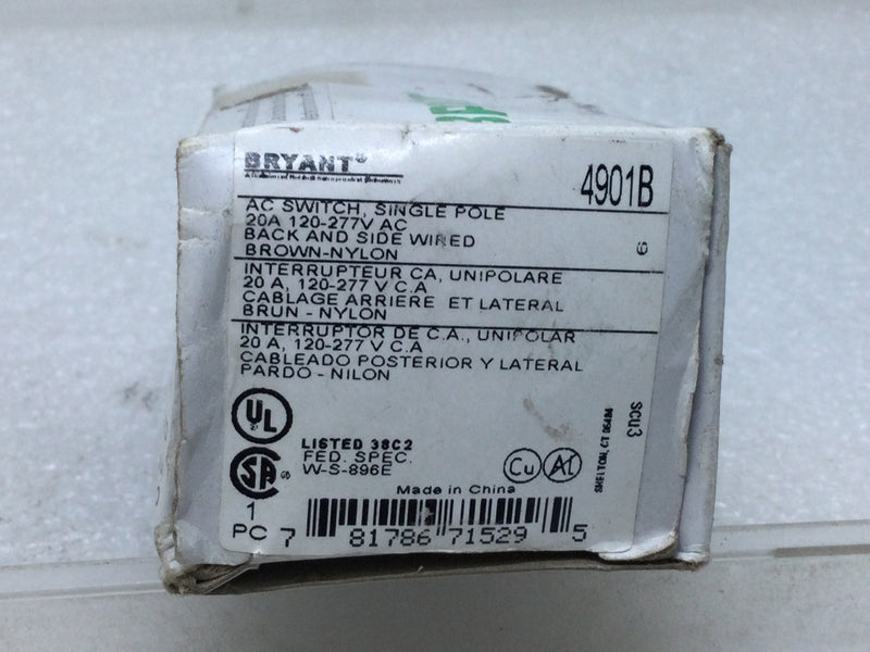 Bryant/Hubbell 4901B General Purpose Toggle Switch Single Pole 20 Amp 120-277V