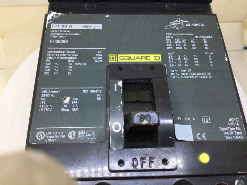 Square D FH36080 80 Amp 600vac 3 Pole I-Line Circuit Breaker