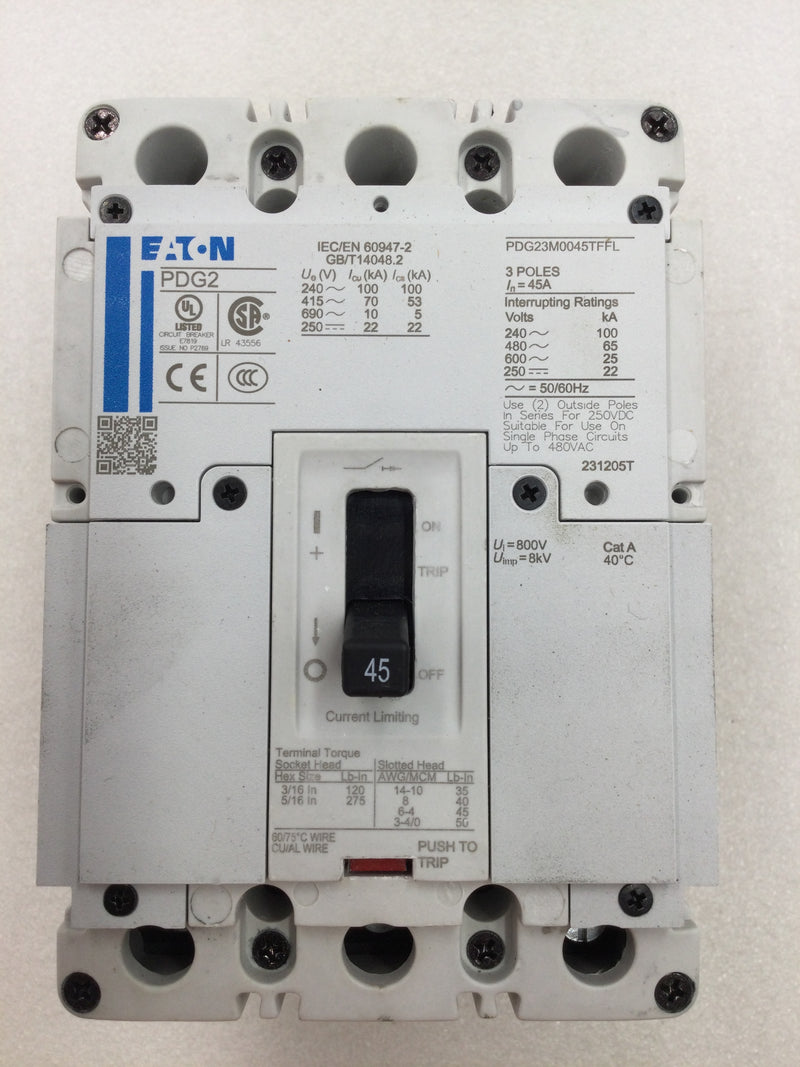 Eaton PDG23M0045TFFL 45 Amp 3 Pole 480V @65Kaic PDG2 Circuit Breaker