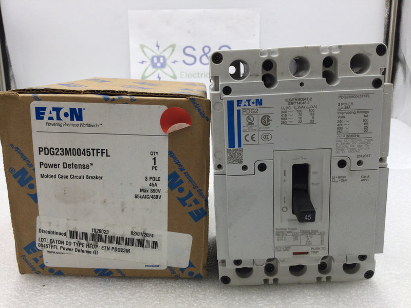 Eaton PDG23M0045TFFL 45 Amp 3 Pole 480V @65Kaic PDG2 Circuit Breaker