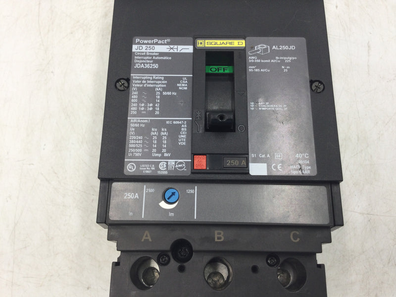 Square D JDA36250 Circuit breaker PowerPact 250A 3 pole 600VAC I-Line