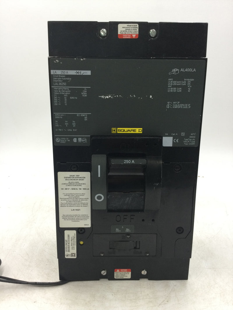 Square D LAL36250 3 Pole 250A 600VAC 22K Circuit Breaker w/Shunt Trip 120/240V 1250-2500 A MAx