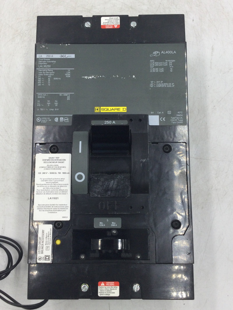 Square D LAL36250 3 Pole 250A 600VAC 22K Circuit Breaker w/Shunt Trip 120/240V 1250-2500 A MAx