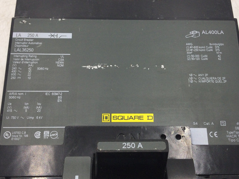 Square D LAL36250 3 Pole 250A 600VAC 22K Circuit Breaker w/Shunt Trip 120/240V 1250-2500 A MAx