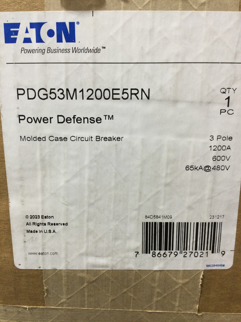 Eaton PDG53M1200E5RN Power Defense Molded Case Circuit Breaker, Globally Rated, Frame 5, Three Pole, 1200A, 65kA/480V