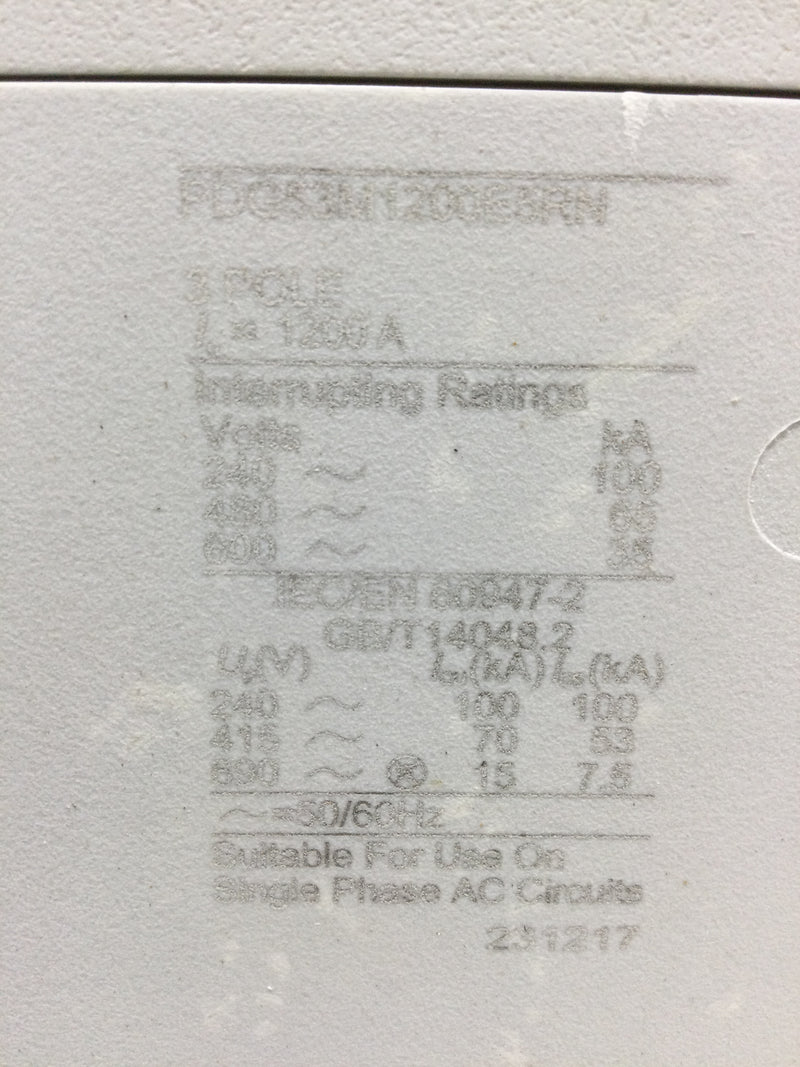Eaton PDG53M1200E5RN Power Defense Molded Case Circuit Breaker, Globally Rated, Frame 5, Three Pole, 1200A, 65kA/480V
