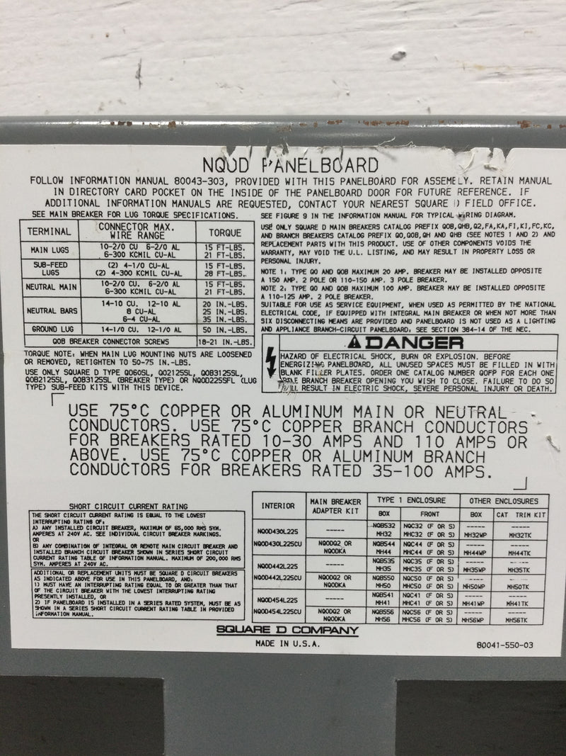 Square D Schneider NQOD442L225 Ser. E2, Panelboard interior, NQ, main lugs, 225A, Cu bus, 42 pole spaces, 3 phase, 4 wire, 240VAC, 48VDC with Deadfront