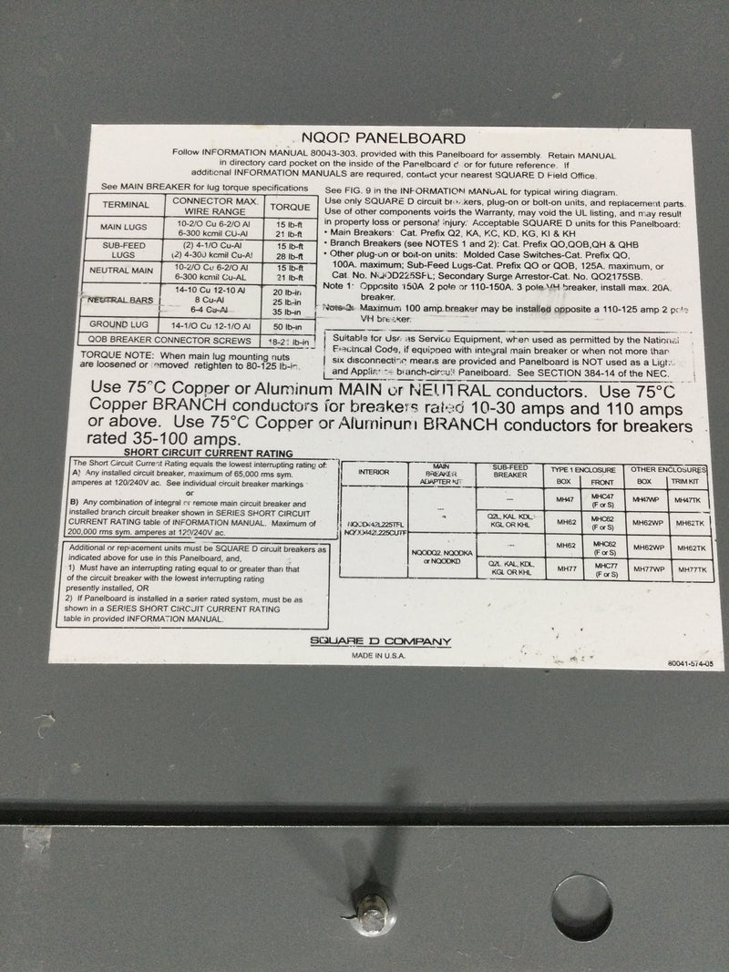 Square D NQOD Deadfront 42 space - compatible with MHC62S NEMA 1 Surface Mounting Panelboard Enclosure Front 57" x 9 1/2"
