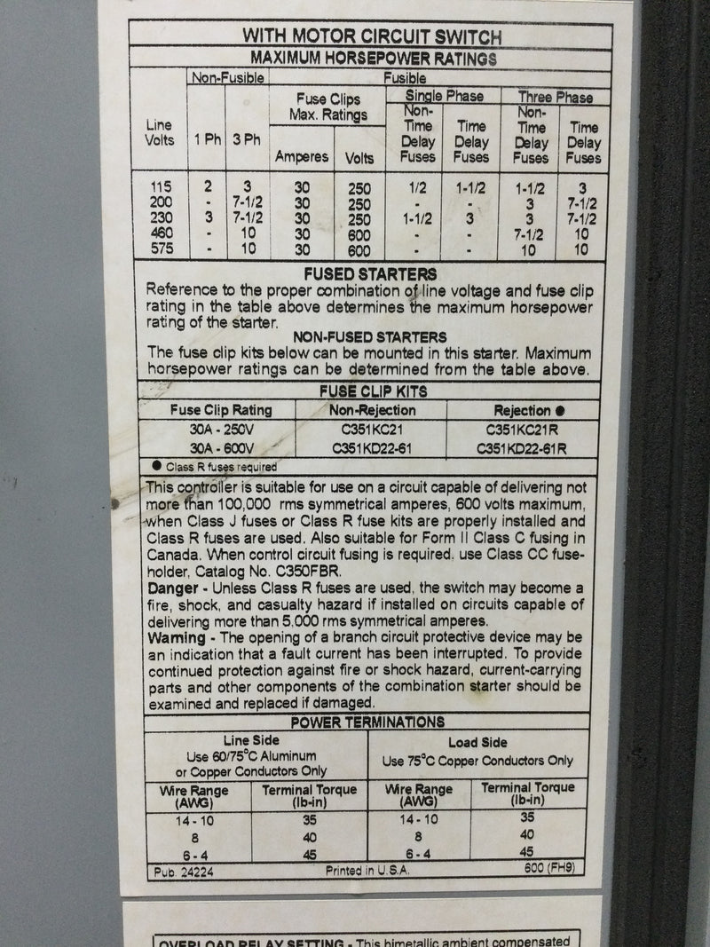 Cutler Hammer ECN1611AAC Combination non-reversing starter with AN16DNO motor starter