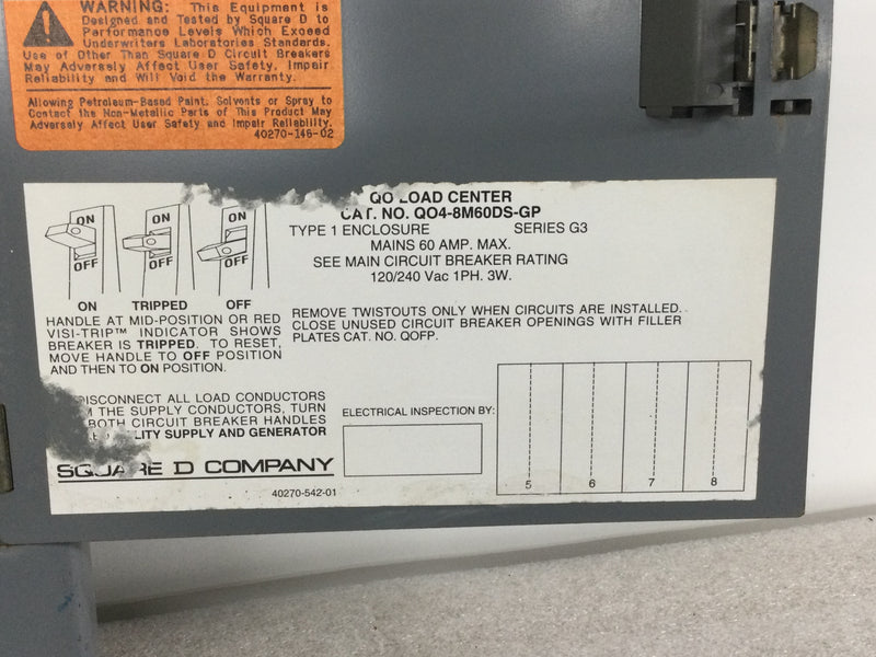 Square D QO4-8M60DS-GP 8 Space 60A 120/240V 1 Phase 3 Wire QO Load Center Cover 12 3/4" x 9"