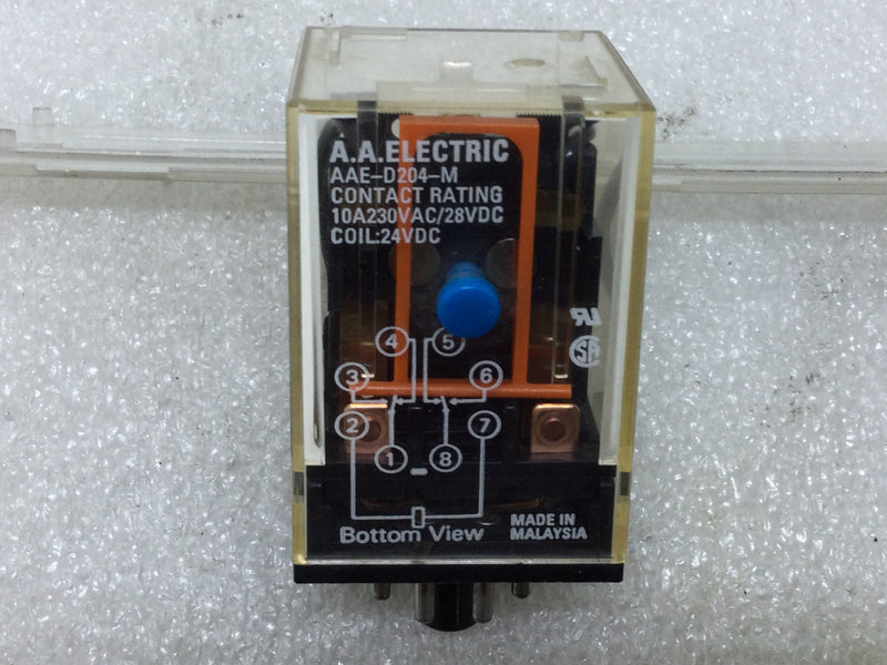 AA Electric AAE-D204-M Plug In Relay 10 Amp 230VAC 28VDC Coil-24VDC 2-Poles 8-Pins