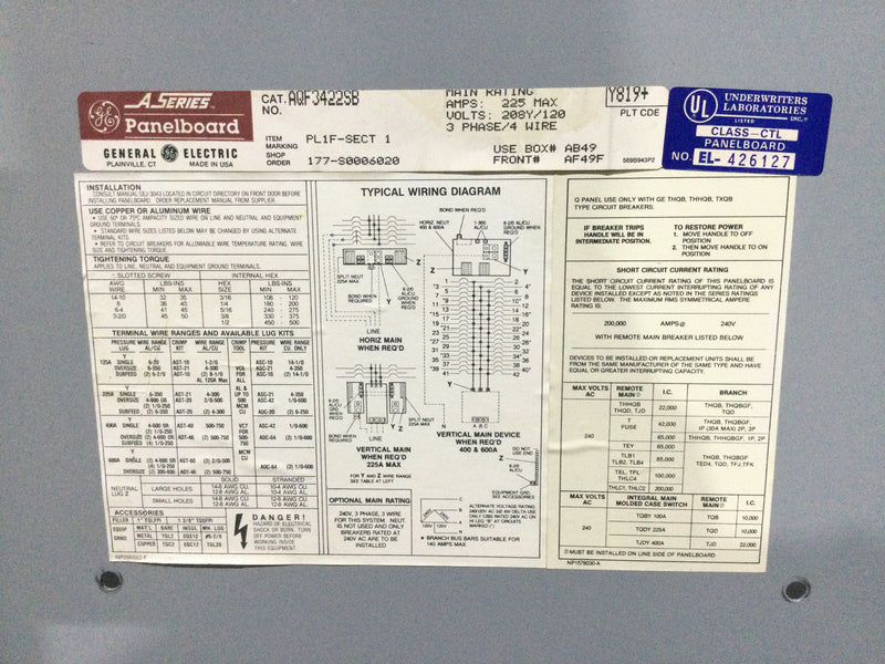 GE General Electric AQF3422SB 225 Amp 208Y/120 3 Phase 4 Wire 42 Space Panelboard 49" x 20"