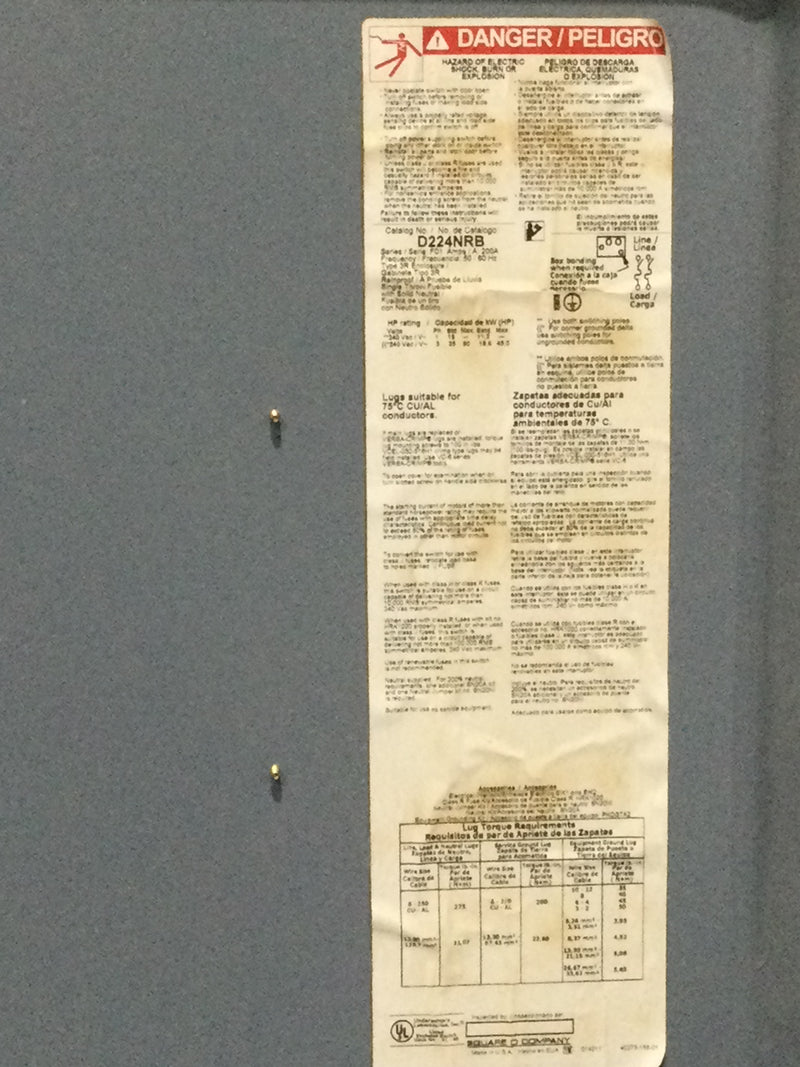 Square D D224NRB 200 Amp 240VAC Fusible Disconnect Single Phase Nema3R Series E3