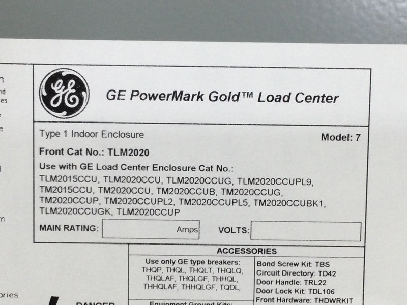 GE General Electric TLM2020 200 Amp 20 Space 40 Circuits Cover/Door Only 27 7/8" x 15 3/8"