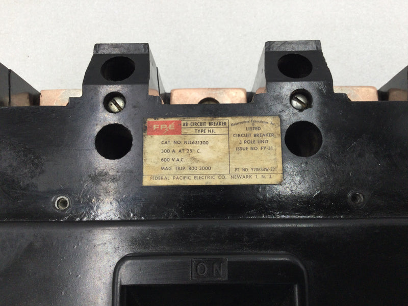 FPE Federal Pacific NJL631300 300 Amp 600v 3 Pole Circuit Breaker w/800-3000 Magnetic Trip