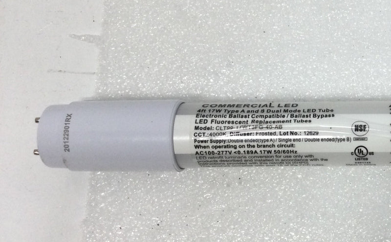 Commercial LED CLT99-17WT8FG-40-AB 4' 17 Watt Type A and B Dual Mode LED Tube with Ballast Bypass