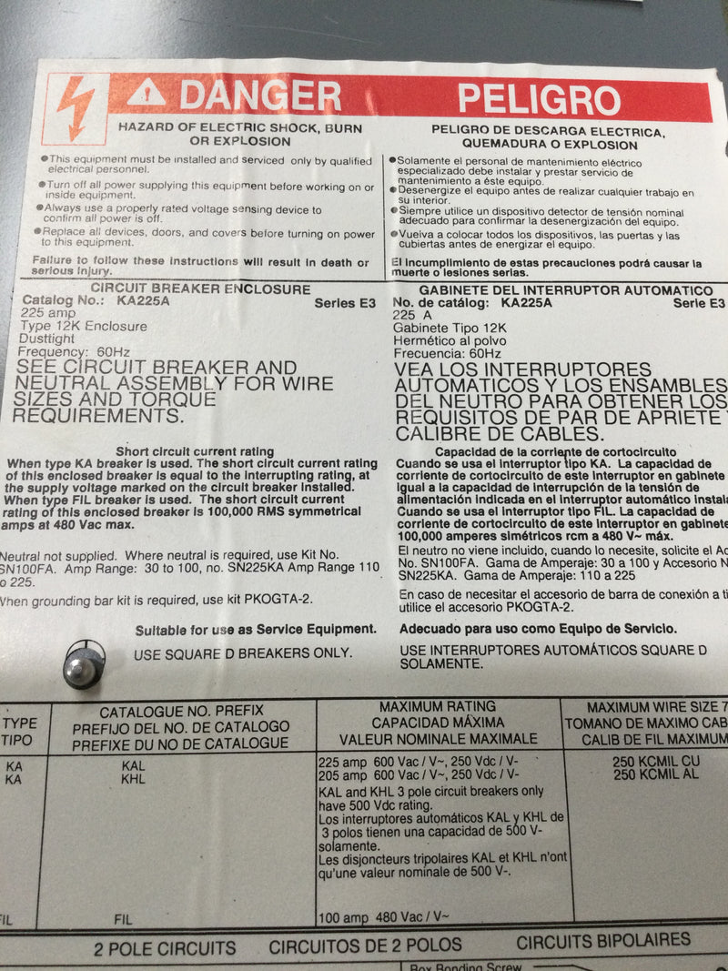 Square D KA225A Main Circuit Breaker Enclosure 225A 480VAC Type KAL Nema12K Series E3