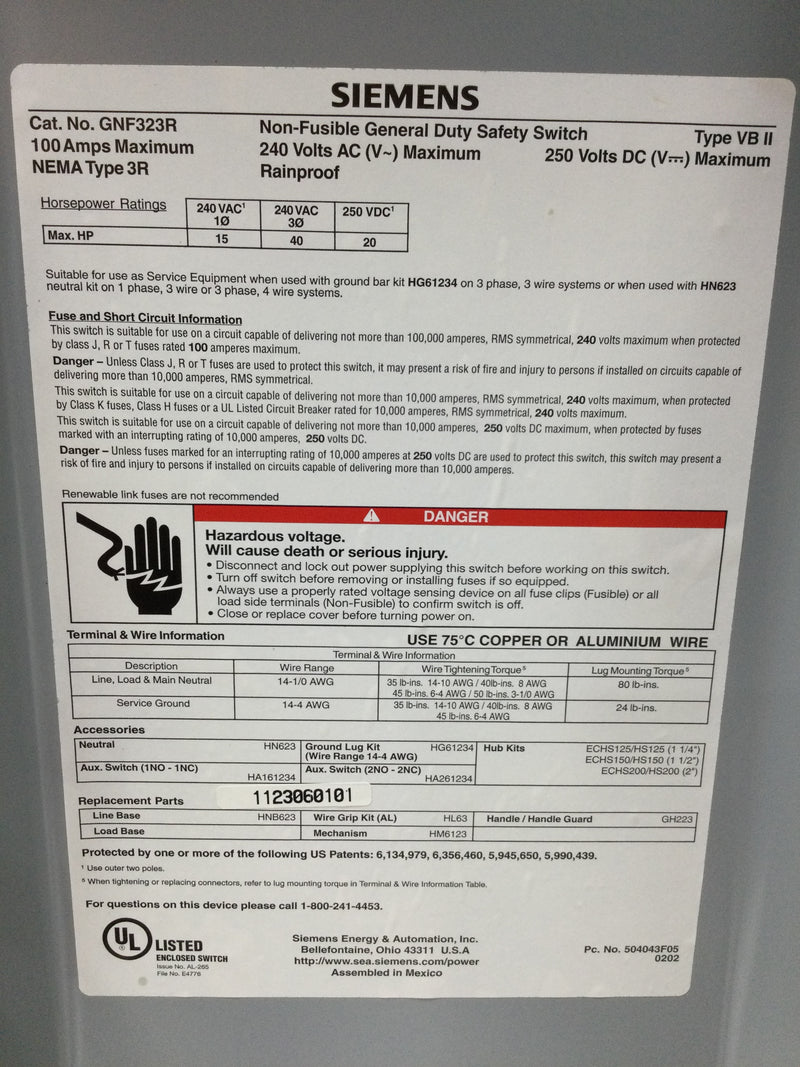 Siemens GNF323R General Duty Safety Switch 100amp 240v