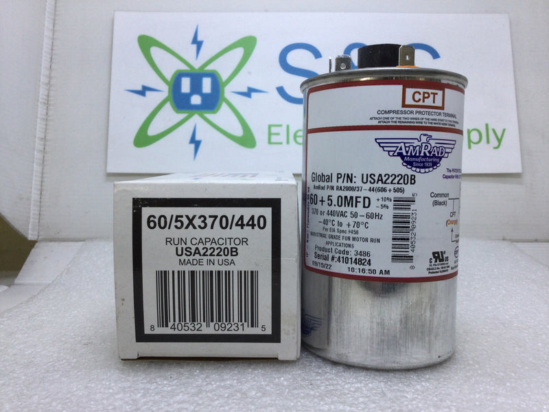 Amrad USA2220B 60+5.0 MFD 370/440V 50/60hz 70c/-40c Capacitor