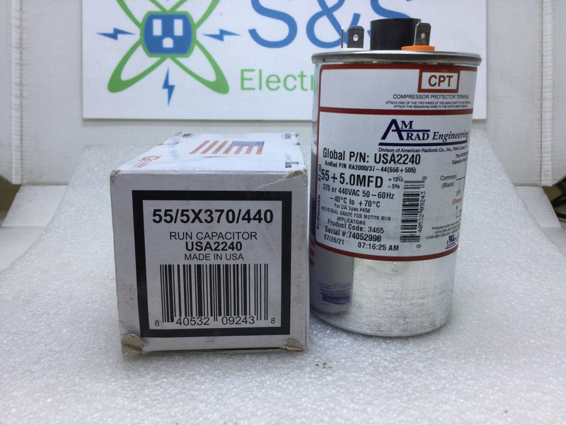 Amrad Capacitor USA2240 55+5.0MFD +10%/-5% 370/440VAC 50/60Hz 70c/-40c