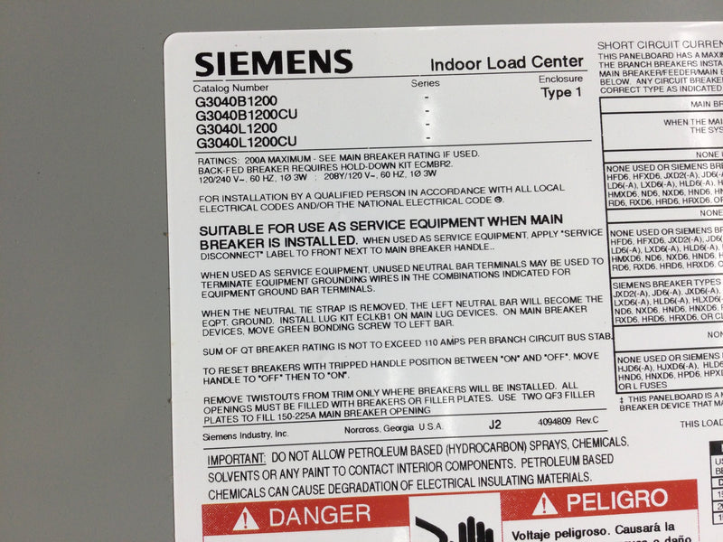 Siemens G3040B1200 200 Amp 120/240v Type 1 Indoor Load Center Cover Only 30 Space w/Main 37 1/4" x 15.5"