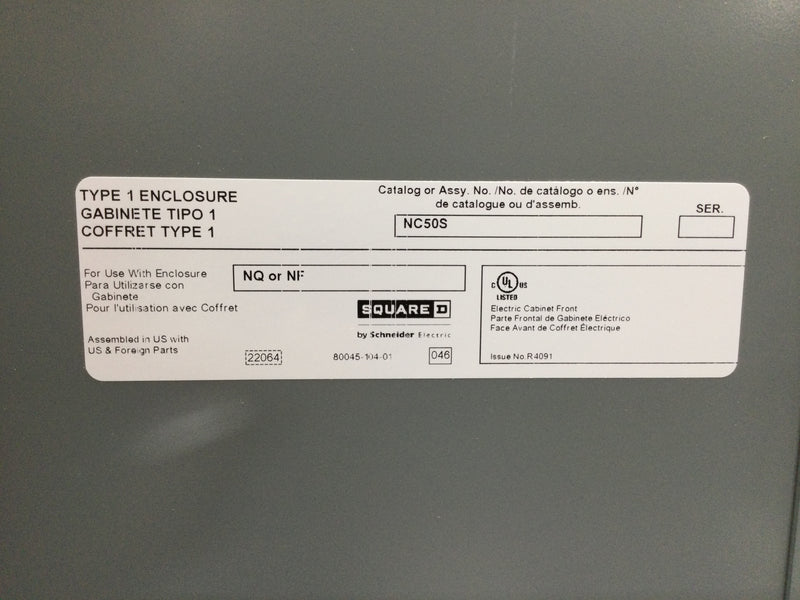 Square D NQ484L2C NQ484L2C Panelboard interior, NQ, main lugs, 225A, Cu bus, 84 pole spaces, 3 phase, 4 wire, 240VAC, 48VDC with NC50S Enclosure Cover and MH50 Box
