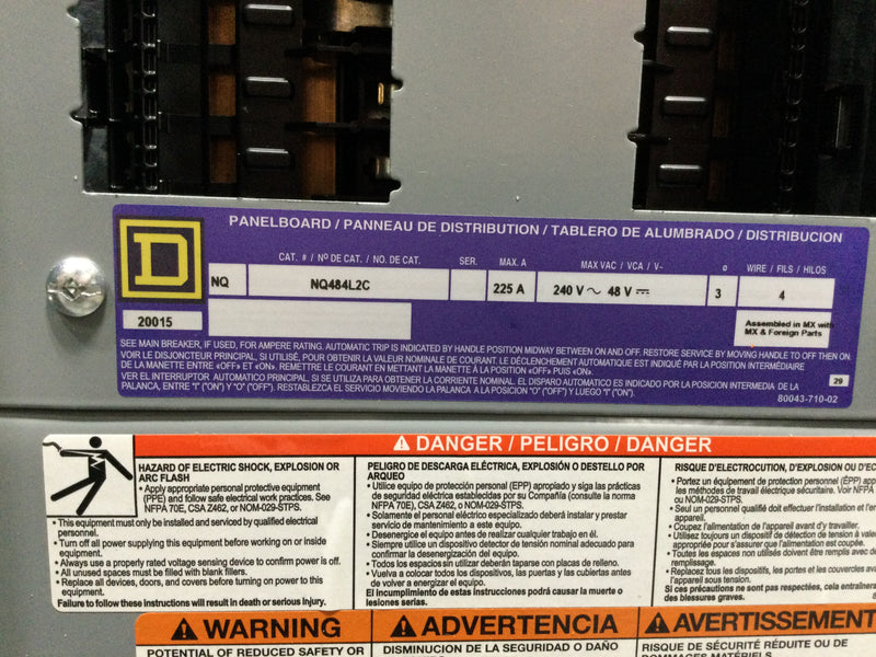 Square D NQ484L2C NQ484L2C Panelboard interior, NQ, main lugs, 225A, Cu bus, 84 pole spaces, 3 phase, 4 wire, 240VAC, 48VDC with NC50S Enclosure Cover and MH50 Box