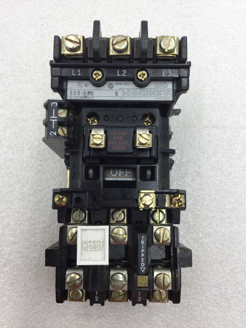 Allen-Bradley 509-BOD Starter Nema Size 1 3 Phase 27 Amp 600 VAC with Overload Relay and Auxiliary Contact Module