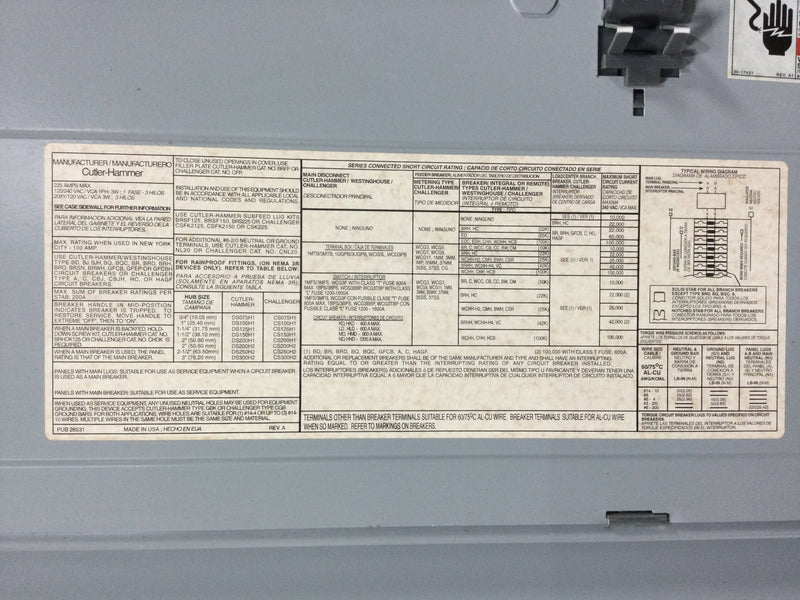 Eaton/Cutler-Hammer BR4242L225 21 Space/42 Circuit 225 Amp 120/240 VAC MLO Load Center