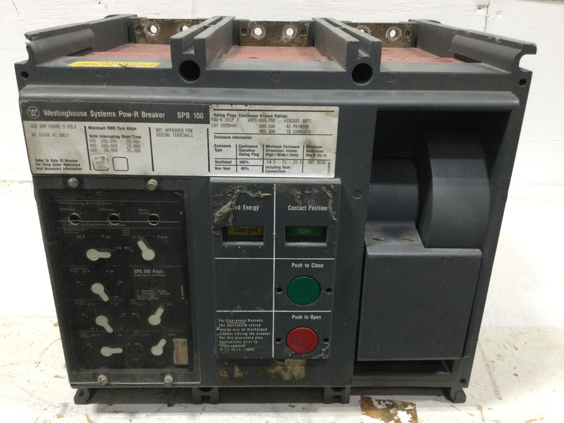 Westinghouse SPB100 800 Amp 3 Pole 600V Pow-R Breaker w/Shunt Trip 24VDC 8 Amp