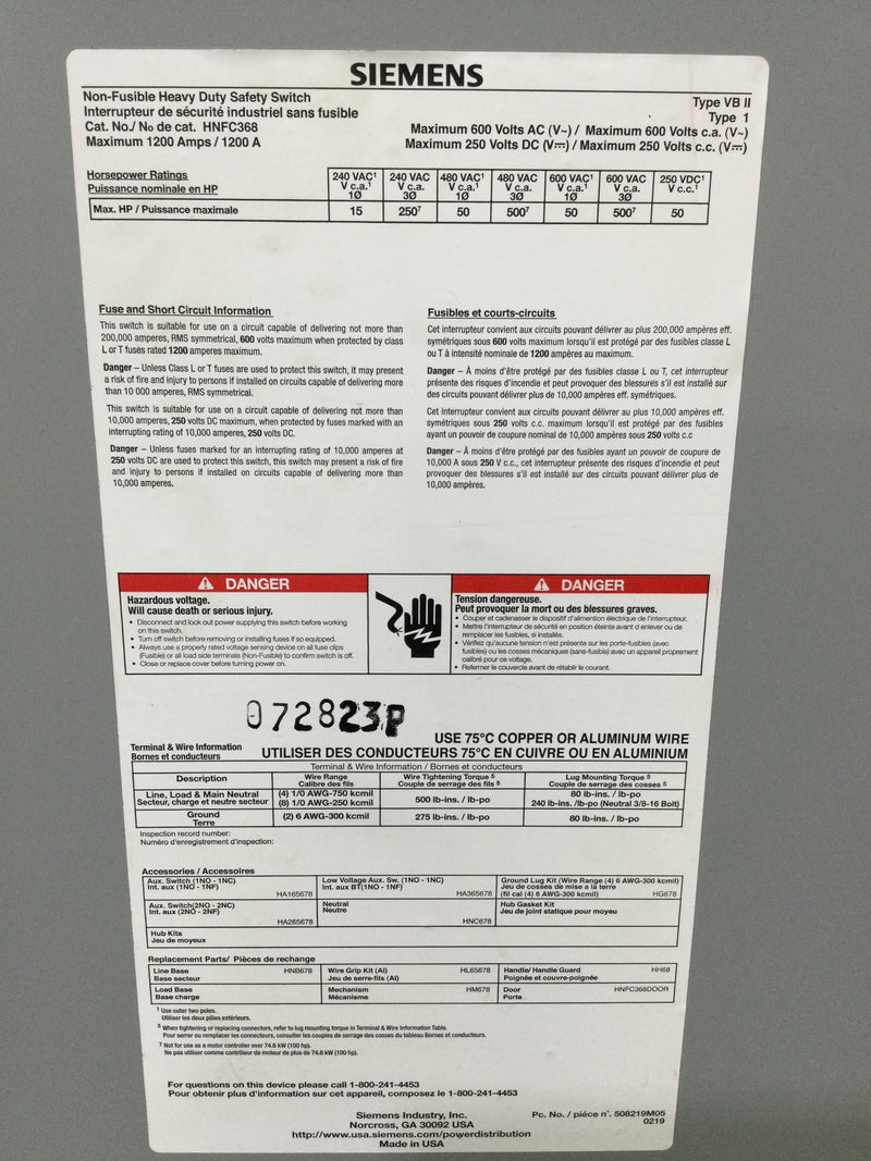 Siemens HNFC368 Heavy Duty Safety Switch - 3-Pole, 3-Wire, 600VAC, 1200A