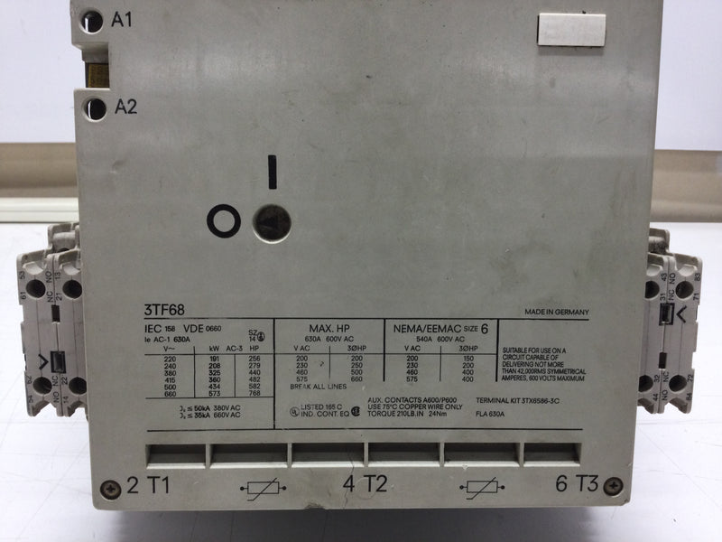 Siemens 3TF68 Nema Size 6 Contactor 3 Phase 630 Amp 220-660 VAC 400 HP with 240 VAC Coils