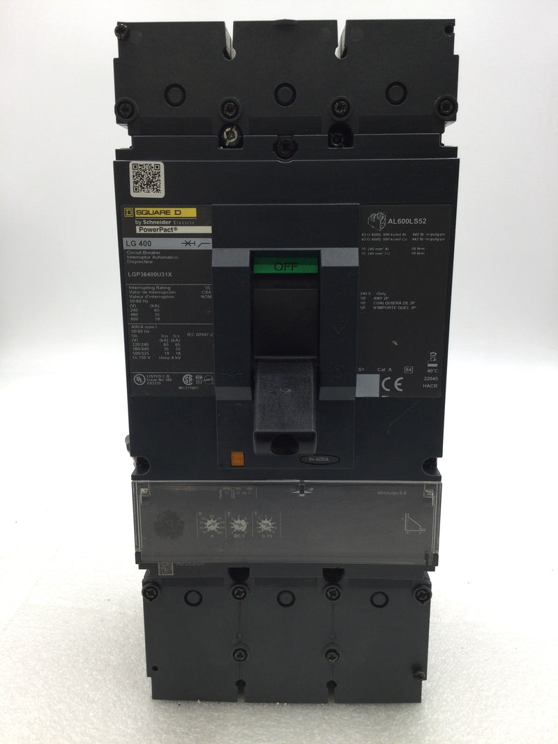 Square D LGP36400U31X 400 Amp 3 Pole 600V PowerPact LG400 Circuit Breaker