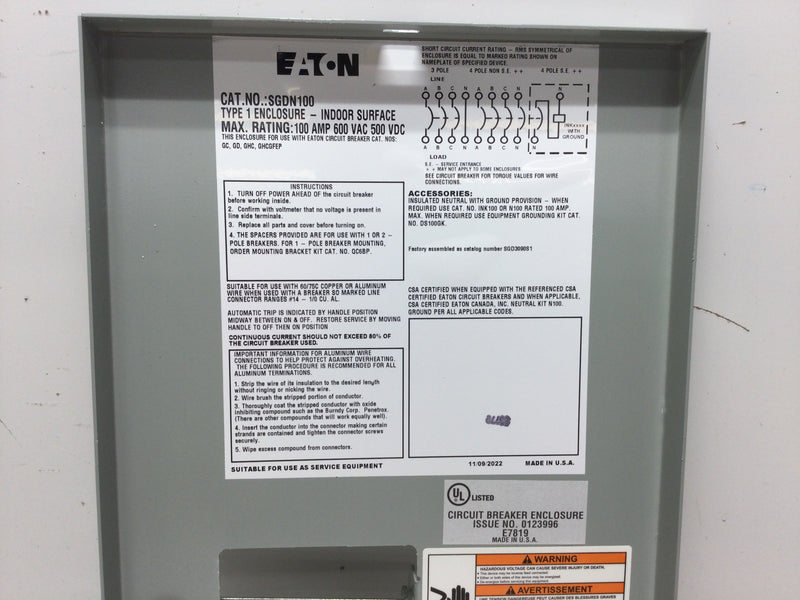 Eaton SGDN100 Indoor Surface Mounted Nema 1 Breaker Enclosure with GD Series 90 Amp Breaker with Shunt Trip (SGD3090S1)