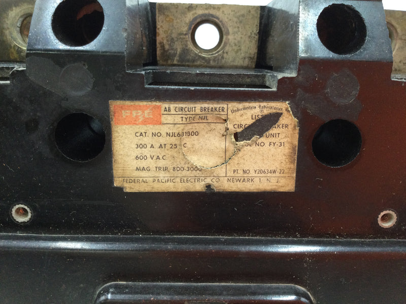 FPE Federal Pacific NJL631300 300 Amp 600v 3 Pole Circuit Breaker w/800-3000 Magnetic Trip