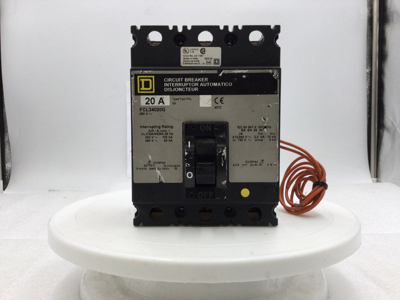 Square D FCL34020G FCL Series 20 Amp 3 Pole 480 VAC Circuit Breaker with Ground Fault/Shunt Trip